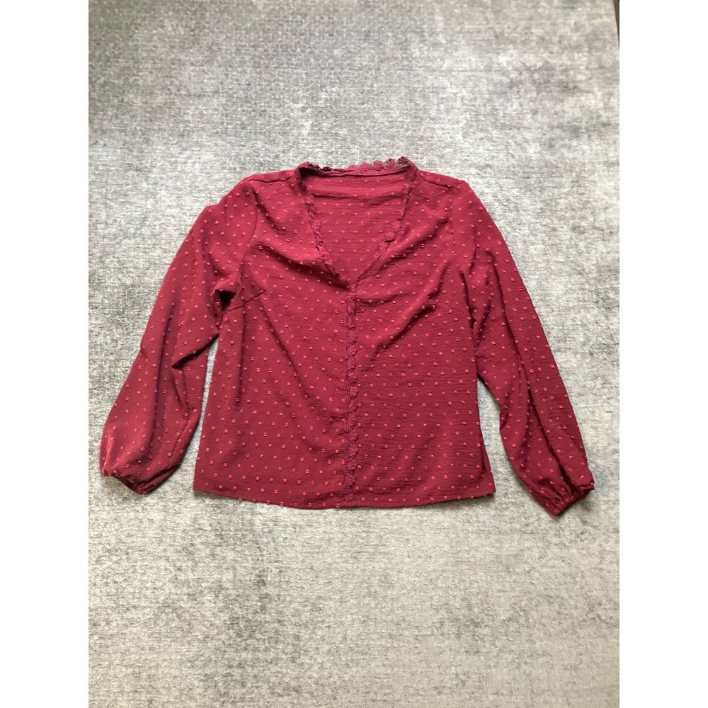 Shein Textured Blouse Top Womens XL Maroon V-Neck Long Sleeve Pullover Casual
